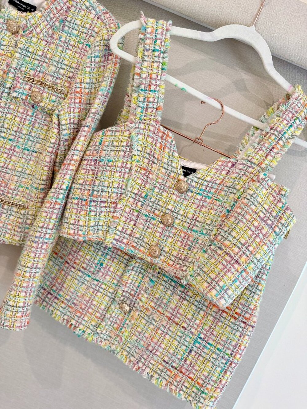 Generation Love Multicolor Tweed 3 Piece Jacket Crop Top Skirt Set